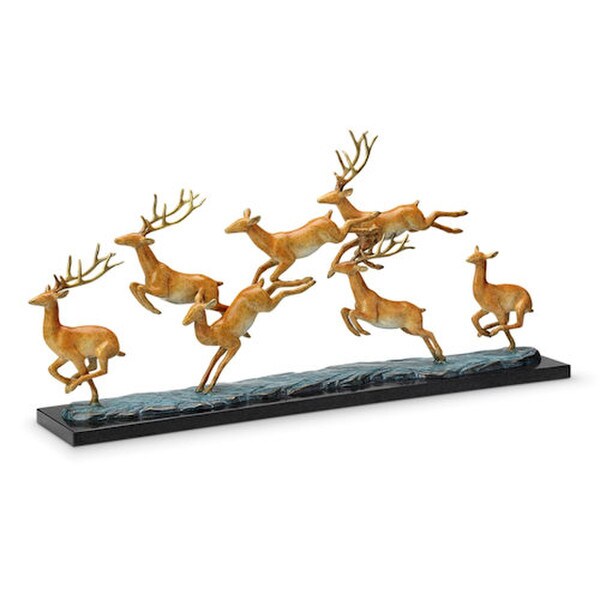 Leaping Deer Herd Stags Bucks Doe Wildlife Seven Statue Brass Sculpture